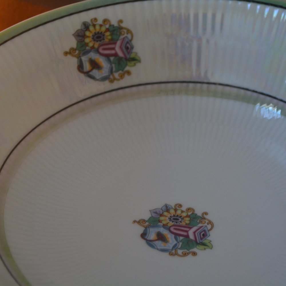 Antique Bavaria Germany LusterWare 9" Serving Bowl Green Floral Flowers Decor - Picture 5 of 9